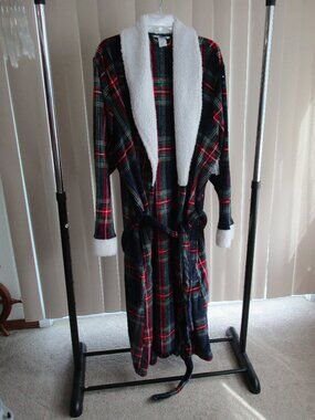Liz Claiborne Long Plush Robe Faux Fur trim Woman 3X - navy/red/green plaid